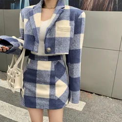 Saia de lã xadrez terno feminino primavera temporada novo temperamento hong kong estilo retro chique saia de duas peças
