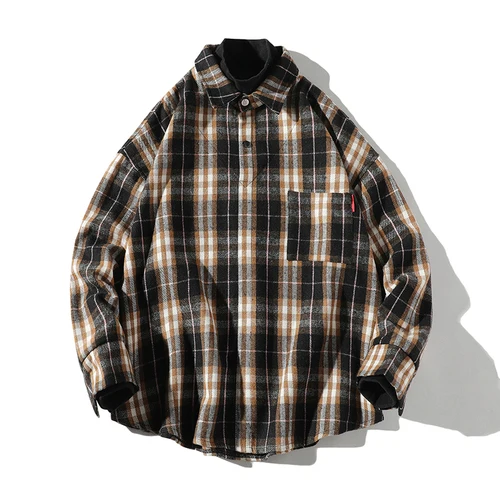 Хип-хоп плед рубашки для мужчин осенние повседневные рубашки с длинными рукавами Мужская свободная рубашка мужская одежда Топ S-4XL - Цвет: khaki