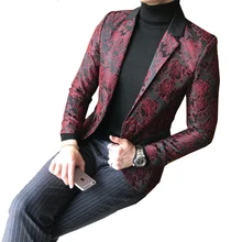 Мужской красный/синий блейзер с цветочным принтом, приталенный пиджак больших размеров, M-5XL с отворотом, рельефный узор, на одной пуговице, для сцены, свадьбы, костюм жениха