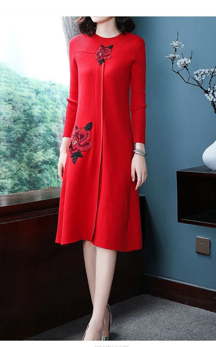 Осенне-зимнее теплое трикотажное платье высокого качества для женщин с круглым вырезом изысканная вышивка длинный рукав с бисером платье-свитер синий красный