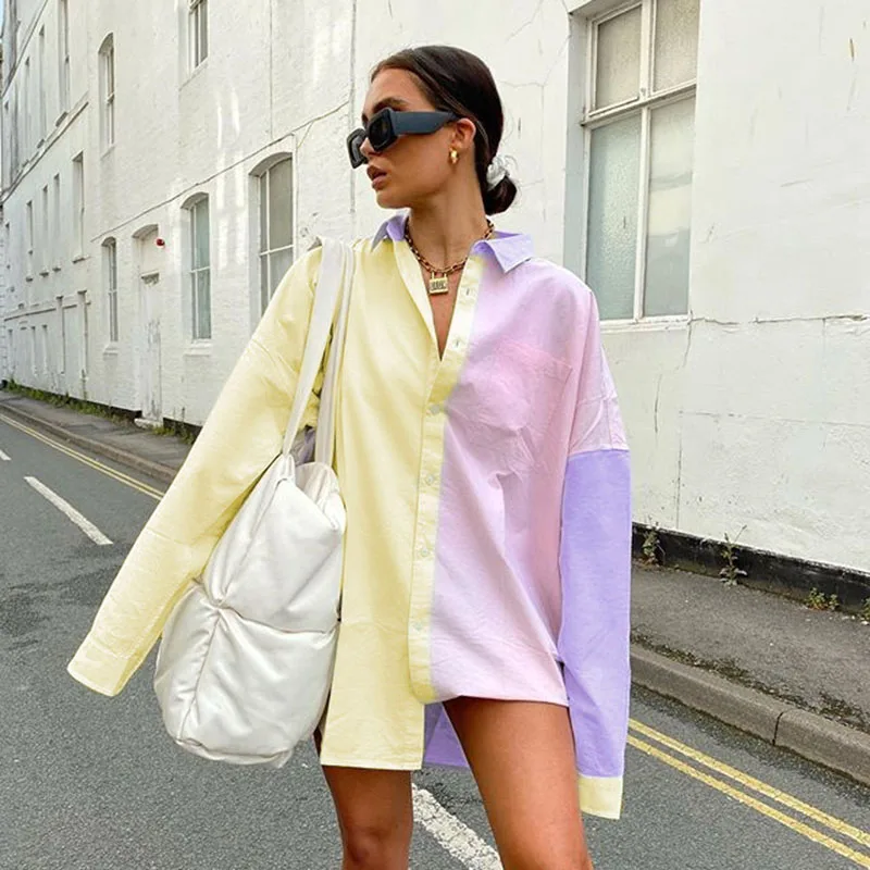 IAMSURE Macaron Colorblock Women Casual Loose Shirts Long Sleeve Oversize Ladies Blouses Streetwear Autumn Fashion Clothes