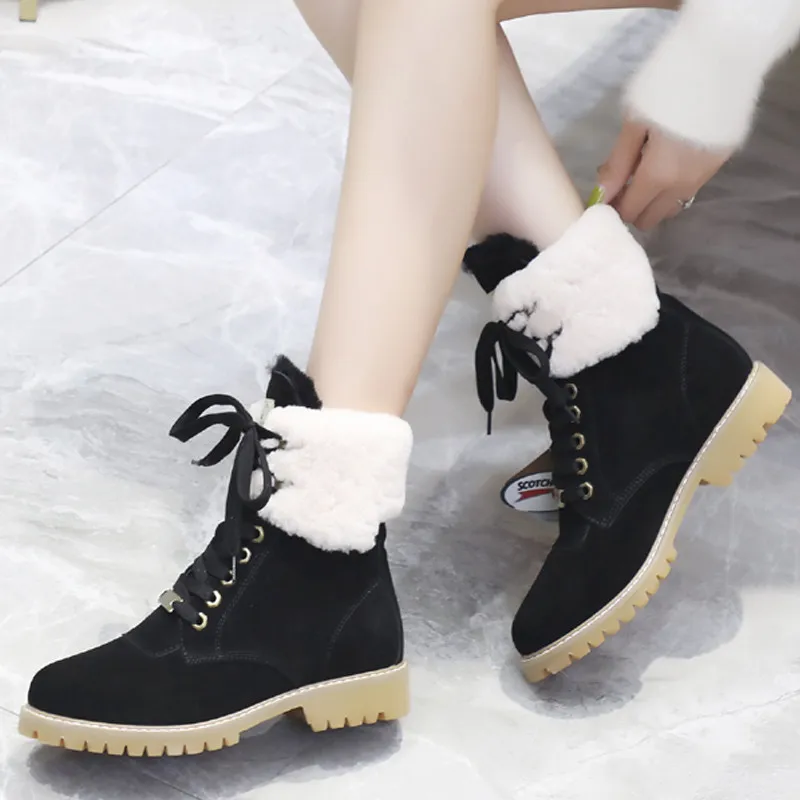 Botas Mujer; женские ботинки с круглым носком; женская обувь на шнуровке; теплые зимние ботинки на меху; женская обувь на квадратном каблуке; Sapato - Цвет: as pic