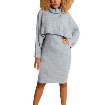 

2 Pcs Autumn Sets Sweater+ Bodycon Dress Suit Solid Women High Collar Sweater With Mid-calf Dress Set For Autumn Winter