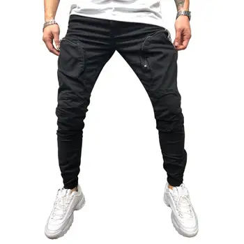 

Sporty Men Solid Color Zipper Pockets Drawstring Pencil Pants Long Trousers Men's solid color skinny pants