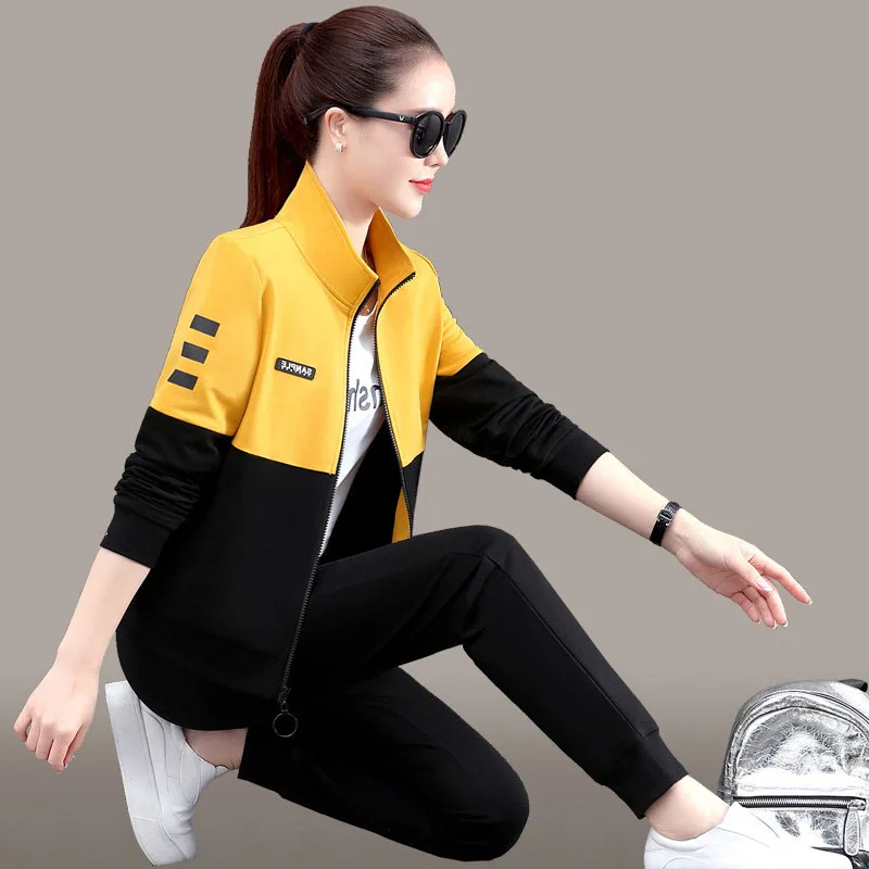 Exercise Set Women 2021 New Arrival Spring And Autumn Female Sportswear Patchwork Letter Student Sweatshirt Pant Hot Sale 027