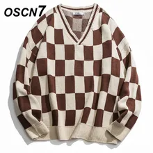 OSCN7 Ретро клетчатые свитера мужские осенние уличные модные мужские пуловеры с круглым вырезом винтажные свитера 40209