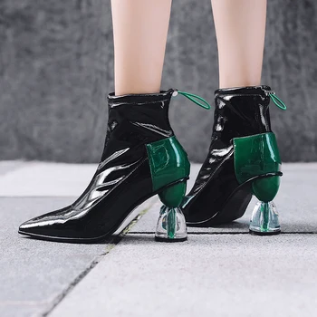 

Luxury brand winter high heel shoes women patent cow leather ankle boots mixed color handmade preppy style chelsea boots mujer