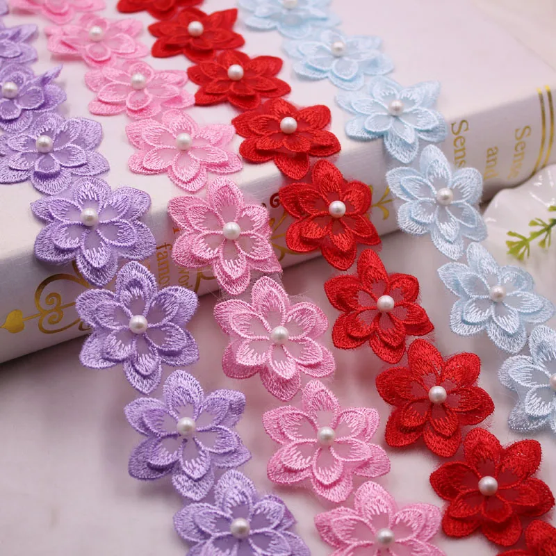 1Yards Flower Pearl Beaded Embroidered Lace Ribbon Trim African Lace Fabric Handmade Dress Sewing Supplies