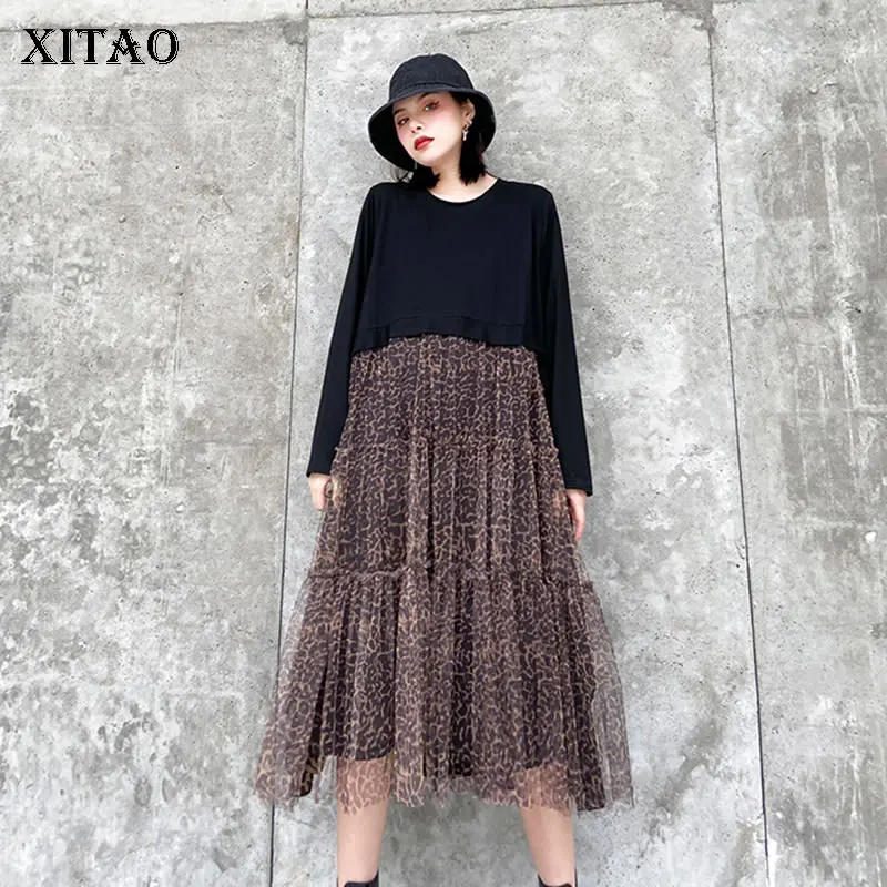 

XITAO Pleated Leopard Dress Fashion New Patchwork Pullover 2020 Sprint Small Fresh Casual Mesh Goddess Fan Casual Dress DMY2505