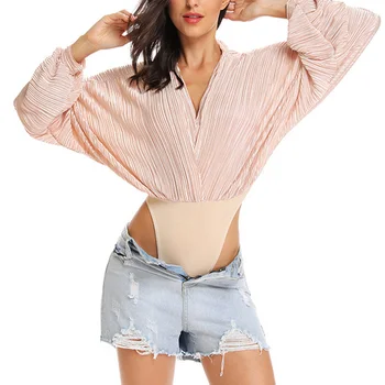 

Fashion Lady Comfty Sweet Sexy Bodysuit Loose Sleeve Wrinkle Deep V-neck Clubwear Long Bottoming Romper 2020