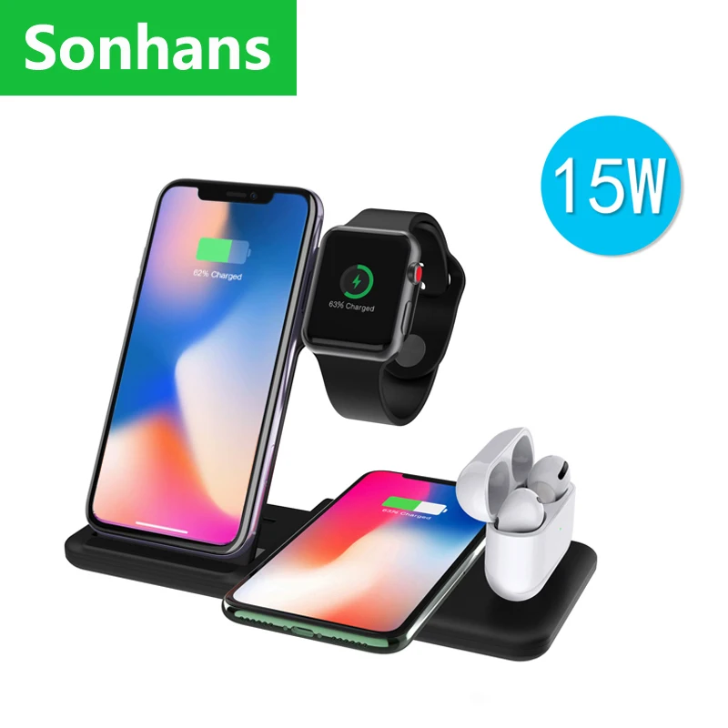 

15W Qi Fast Wireless Charger Stand For iPhone 13 12 X 8 Apple Watch 4 in 1 Foldable Charging Dock Station For Apple Watch SE 6 5