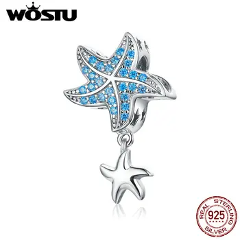 

WOSTU Starfish Charms 925 Sterling Silver Blue AAA Zircon Ocean Starfish Pendant Beads fit Original Bracelets DIY Jewelry CTC252