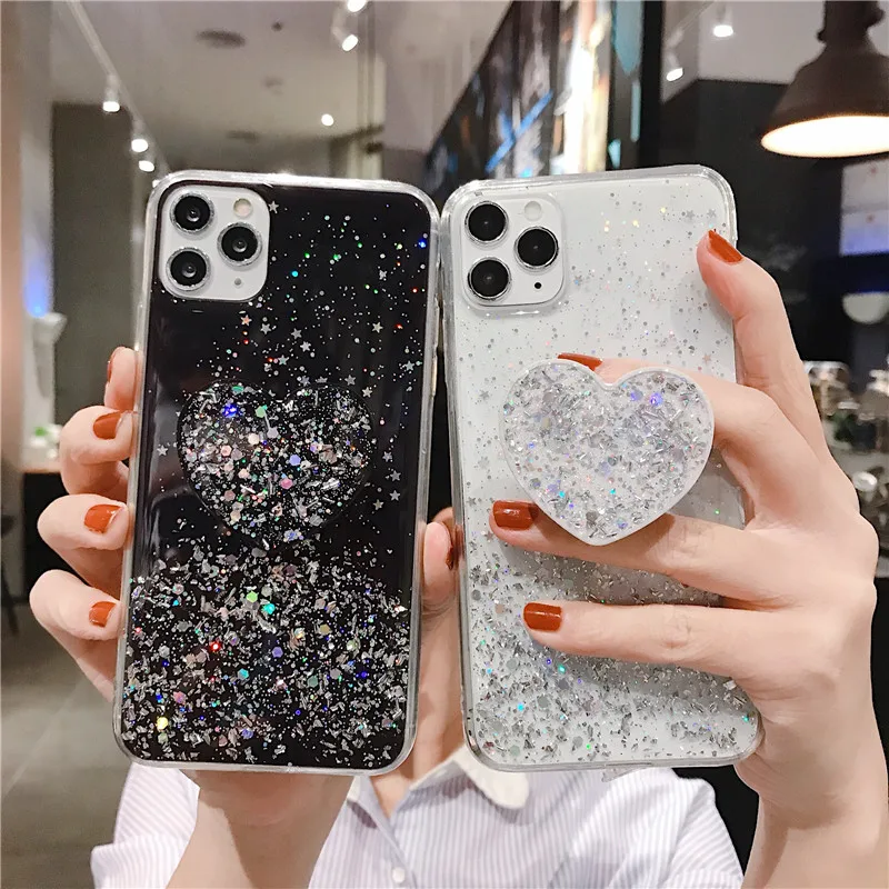 Блестящий чехол для телефона iphone 11Pro max 6 7 8 Plus XR XS MAX с подставкой и блестками Samsung S20