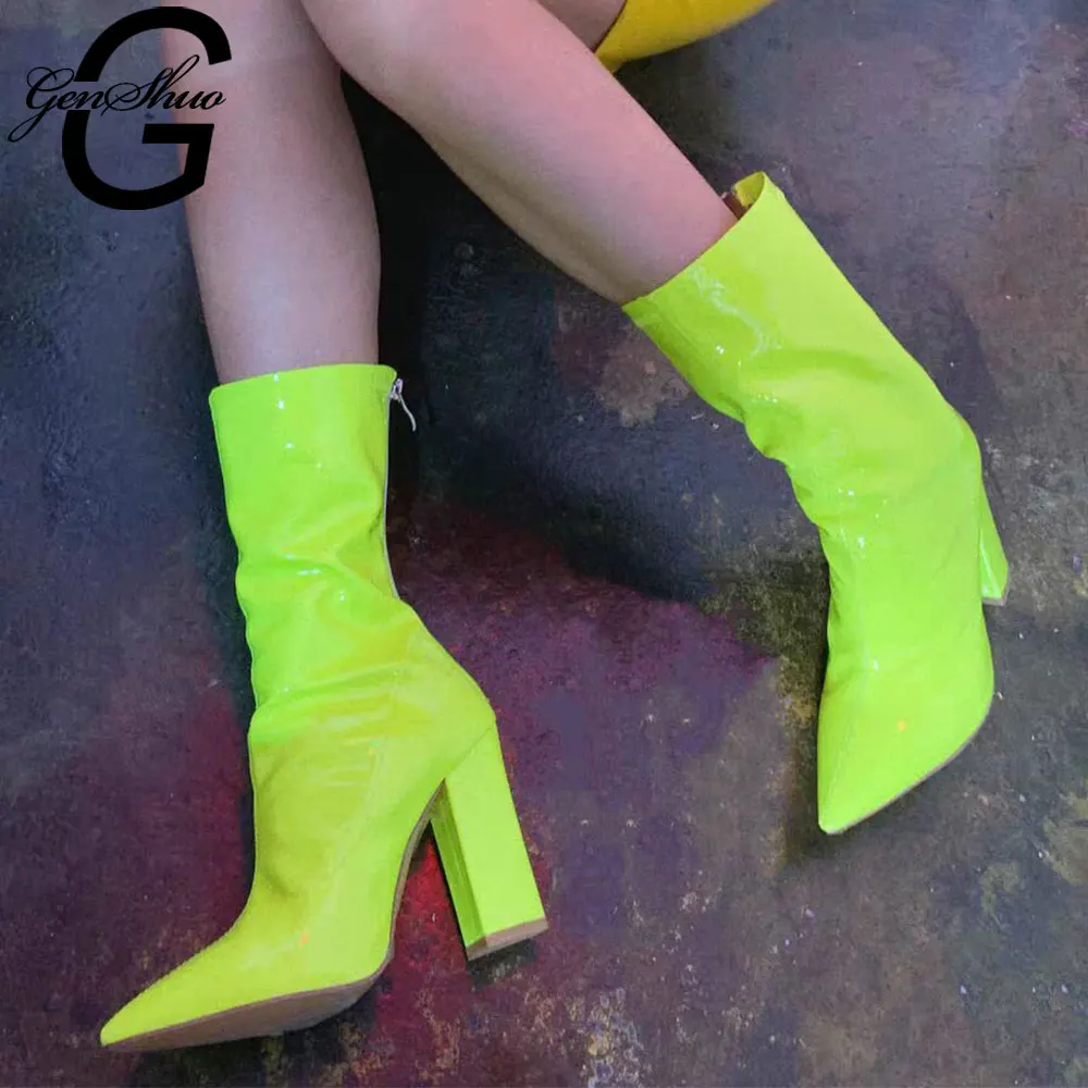 

GENSHUO Square High heels Pointed Toe Mid Calf Boots Fashion Casual Autumn Women's Shoes Neon Green Patent Leather Shoes Woman