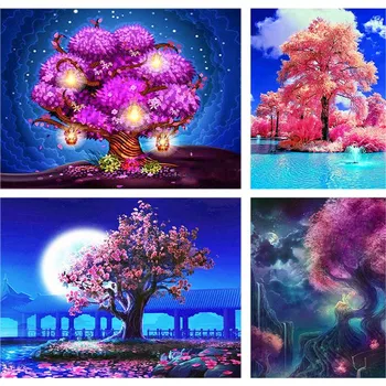 

5d Diy Diamond Embroidery Pink Purple Tree Full Drill Square Diamond Painting Bloom Flowers Mosaic Crystal Home Decor Gift Y56