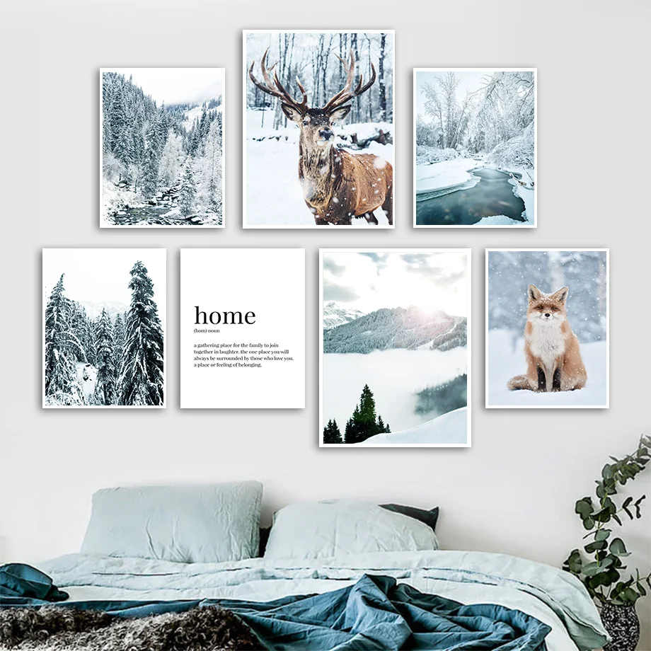 Winter Snow Mountain Forest Deer Fox Wall Art Canvas Painting Nordic Posters And Prints Wall Pictures For Home Living Room Decor
