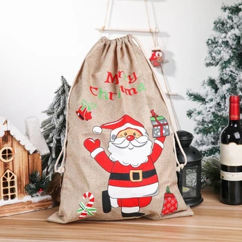 

Christmas Candy Gift Bag Linen Drawstring Bags Santa Claus Printed Decorations