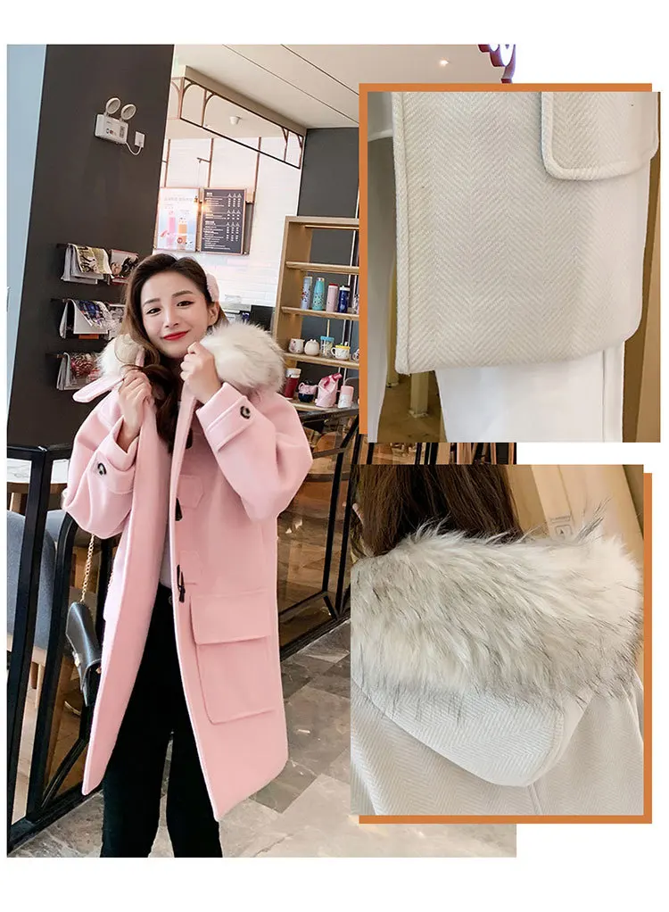 Duffle Coat Women's New Style Popular Korean-style Woolen Cloth Fall And Winter Clothes Hooded Woolen Jacket Mid-length