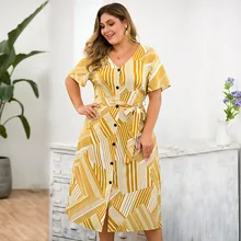 Дизайн, Европейский и американский стиль, стиль, 7 пуговиц, шнуровка, талия, v-образный вырез, короткий рукав, большой размер, платье в полоску, принт