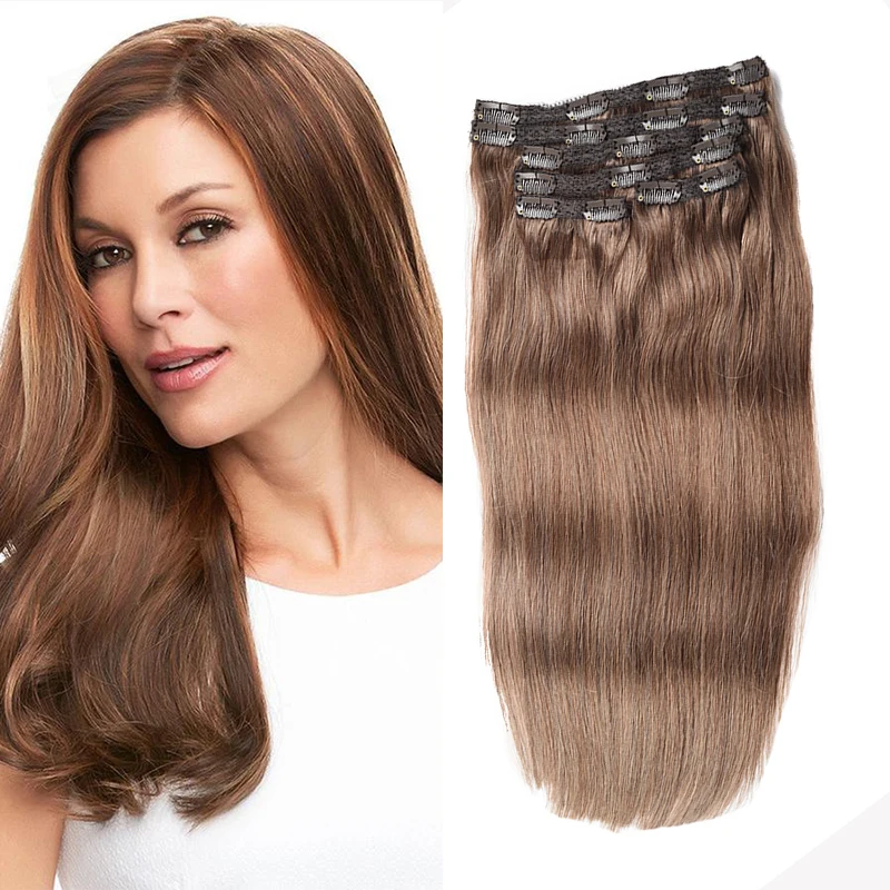 Toysww Hair Extension Clip Human Hair Light Brown Color 6 Real Hair