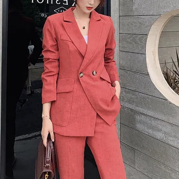 

S-XL Plus Size Ladies Blazer Suit Outfits 2020 Pockets Long Blazer Coat Female+Zipper Casual Pencil Pant Two Piece Set Women