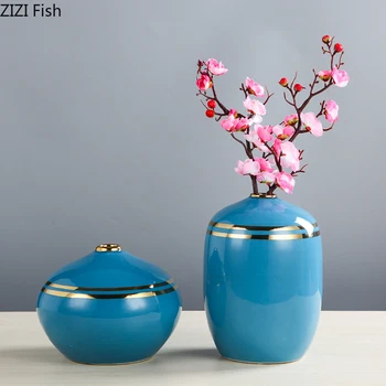 

Vases for Flowers Blue Plating Ceramics Vase Flower Pot Floral Arrangement Handmade Porcelain Home Decoration Accessories