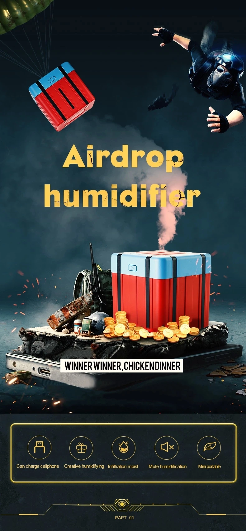 Ultrasonic Cute Air Humidifier PUBG Airdrop Box Humidifier USB Essential Oil Diffuser Car Purifier Aroma Anion Mist Maker gift