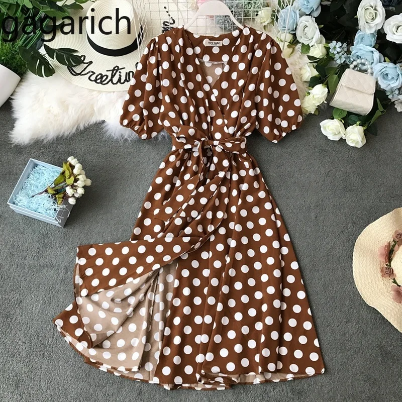 

Gagarich Women Party Dress 2020 Fashion New A-line Short Sleeve Polka Dot Print High Waist Belt V-neck Elegant Dress Vestidos