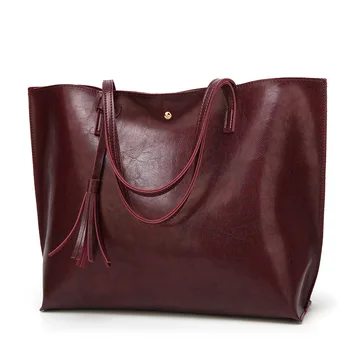 

2020 new ladies shoulder bag pu leather oil wax leather bag retro style simple mummy bag tassel big tote bag women bag