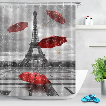 

Paris Shower Curtain Vintage Raining France Eiffel Tower with Red Umbrella Shower Curtain Waterproof Fabric Bathroom Decor with
