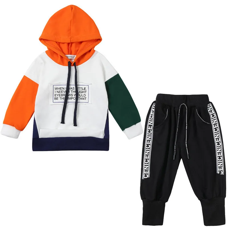 

Spring Autumn Boys Sets Casual Hood Splice Long Sleeve Sweatshirt Letter Printed Sweatpants Sport Suit Baby Boy Kids Tracksuit