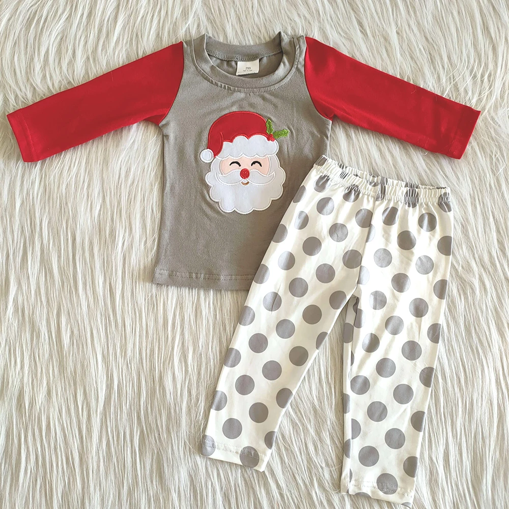 

high quality boy Christmas outfit 100% cotton boy santa embroidery pattern and dot pants set baby boys pajamas outfit