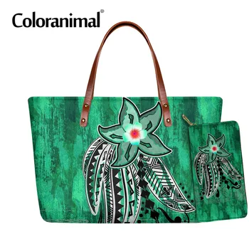 

Coloranimal Hawaiian Polynesian Design Tribal Ocean Spray Plumeria Print Lady Handbag 2Pcs/Set Shoulder Bag&Purse Tote Bolsa Hot