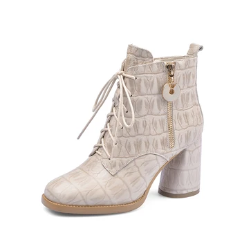 

genuine leather high heels platform ankle boots women ladies dress party boots women winter warm lace up shoes woman black beige