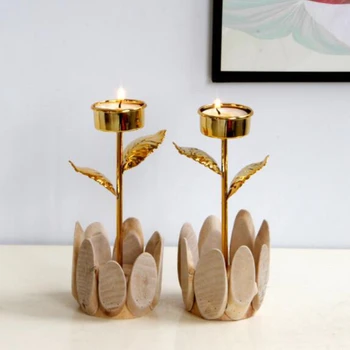 

Metal Candle Holder Stand Candelabra Christmas Golden Candlestick Rose Floral Wooden Base Wedding Event Party Candelabra