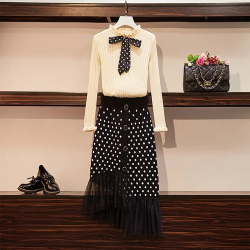 

Amolapha Women Knit Bowknot Sweater Tops+High Waist Mesh Patchwork Polka Dot Skirt Sets Clothes Suits