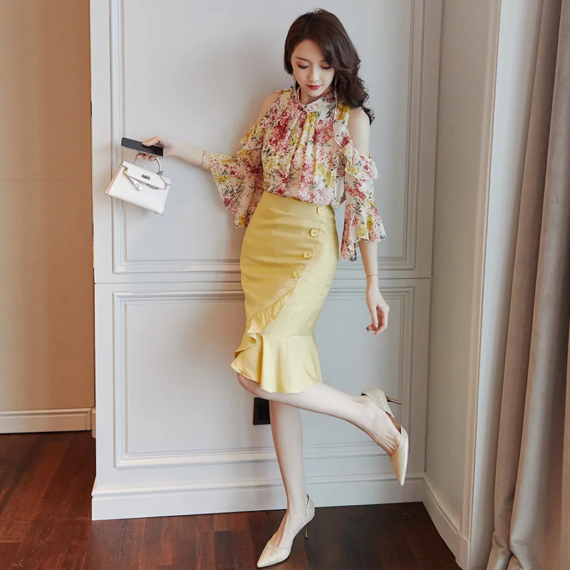 

9412 Feminine of off-Shoulder Skirt 2019 Summer Wear New Style Elegant Fashion WOMEN'S Dress Floral-Print Fishtail Skirt Set