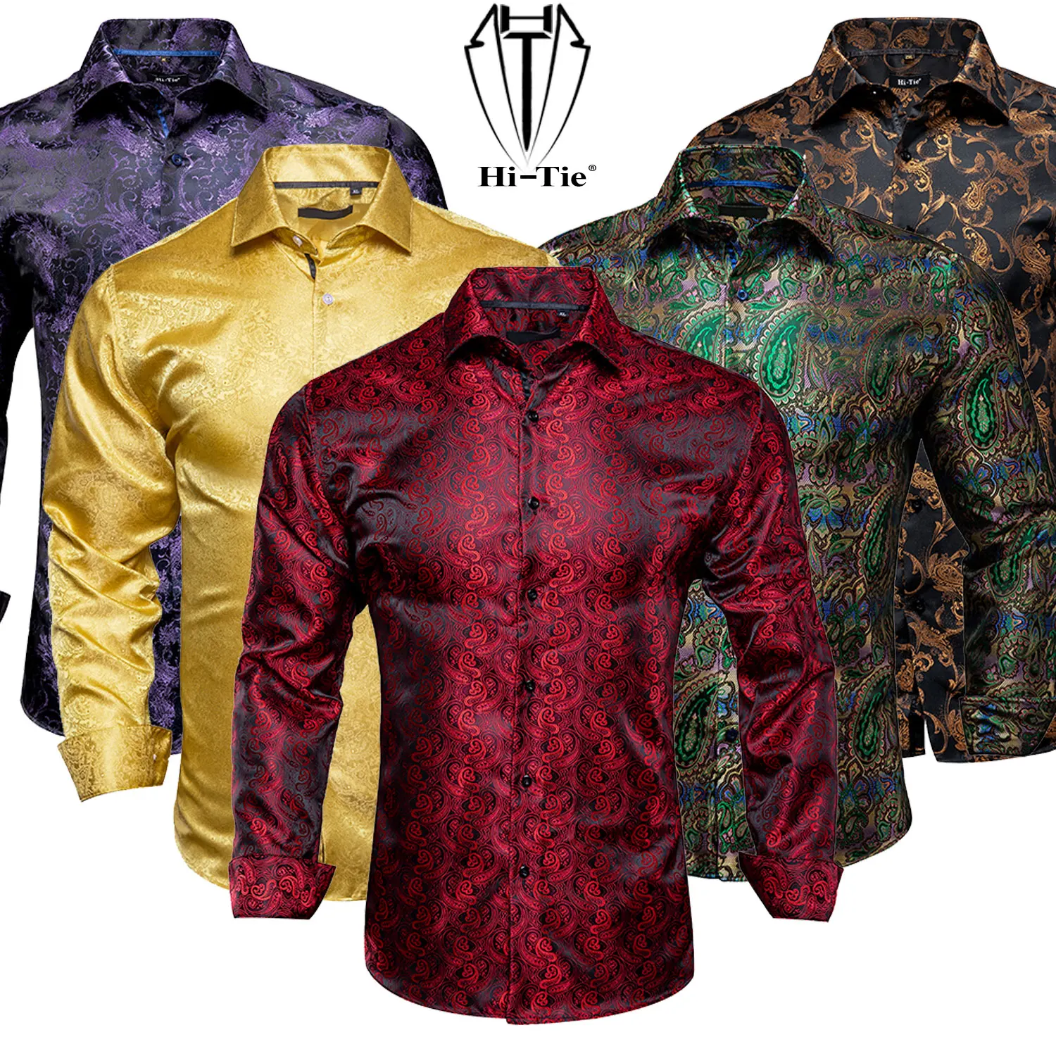 Long Sleeve Shirt Hi-Tie Long Sleeve Silk Shirts For Men Suit Dress Outwear Male Slim Jacquard Wedding Floral Paisley Gold Blue Red