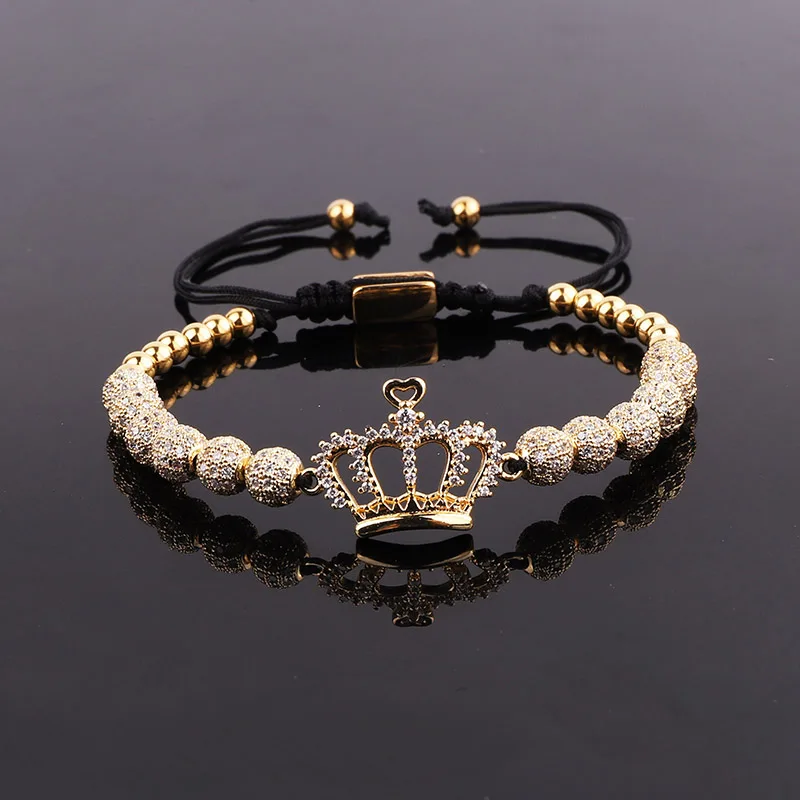 New Design Luxury Crown Bracelet Jewelry Gold Plated CZ Pave Charm Beaded Macrame Bracelet Set Male - Image 3