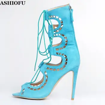 

ASHIOFU Handmade Wholesale Women's High Heel Sandals Cross Shoelace Party Prom Dress Shoes Plus Evening Fashion Sandals XD224-1