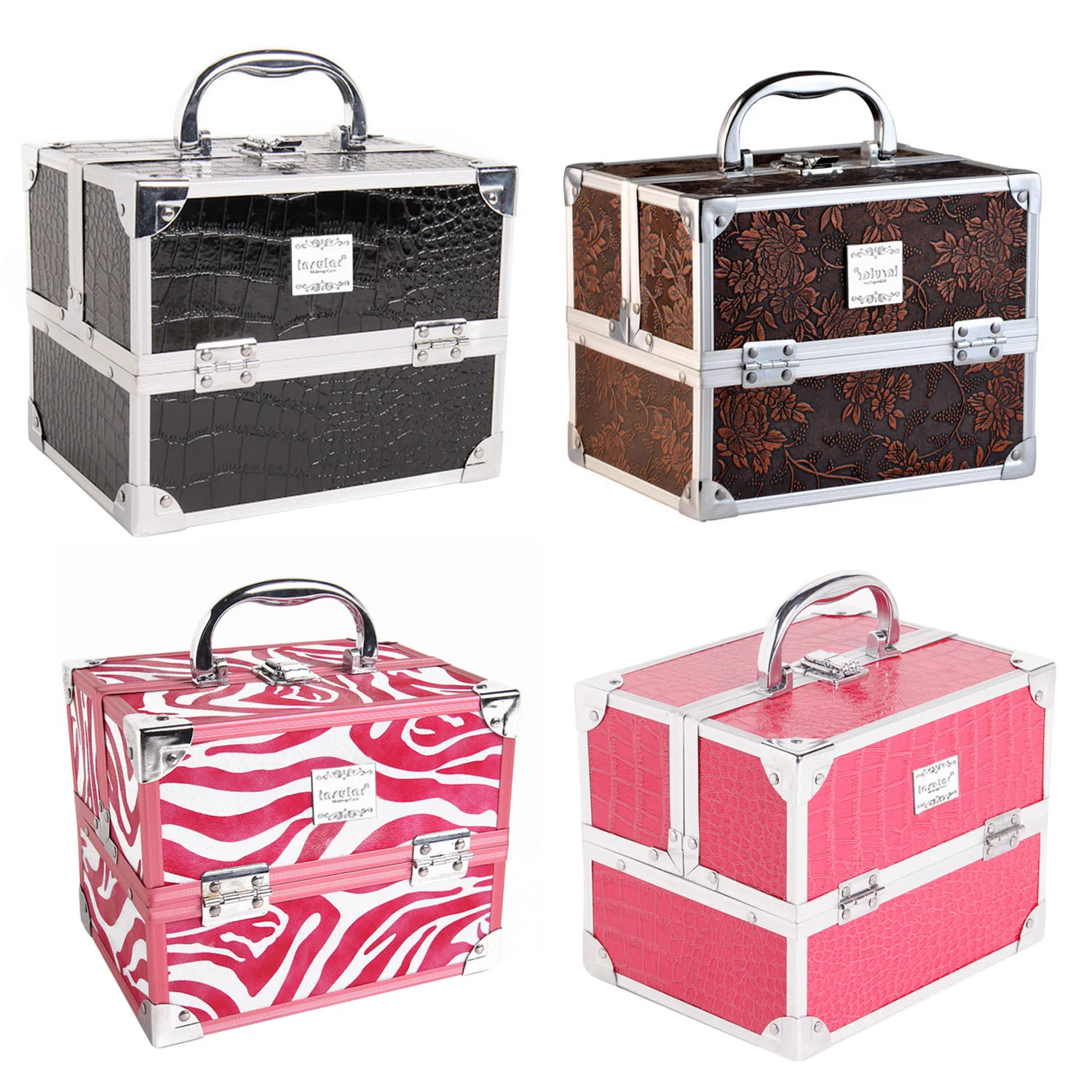 Caja de almacenamiento portátil de aleación de aluminio para maquillaje, organizador con 5 bandejas extraíbles para mujeres y niñas