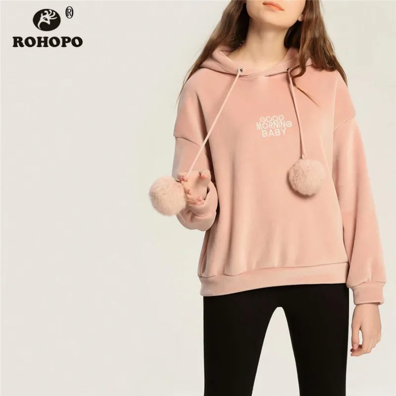 ROHOPO Winter/Autumn Velvet Warm Hoodies Front Embroidery Letter Hooded Collar Pink Black Pullover Tops Outwear Cute Girl#5257