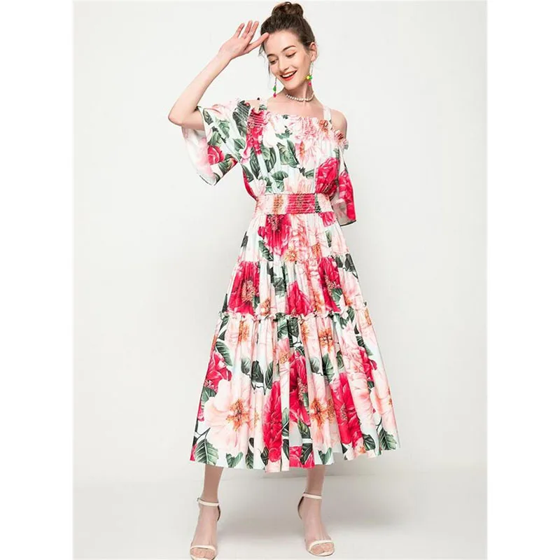 

Женское платье с открытыми плечами, модельное платье на бретелях-спагетти с цветочным принтом, праздничное пляжное платье, лето