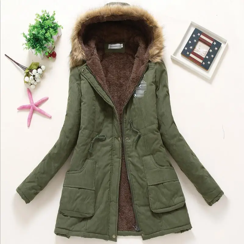 Army Green Женское зимнее теплое женское осеннее пальто с капюшоном из хлопка с мехом Плюс Размер Базовая куртка верхняя одежда тонкая Длинная женская Chaqueta - Цвет: Army Green