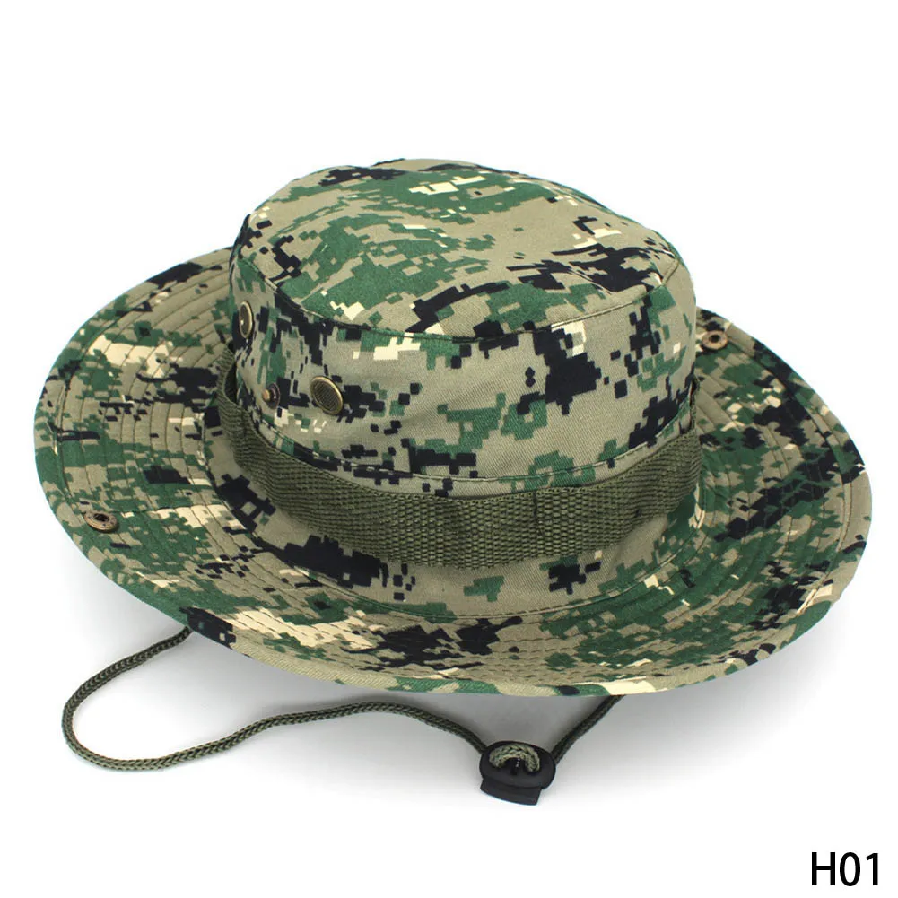 Камуфляжные Панамы с широкими полями, солнцезащитная Кепка Ripstop Camo, для рыбалки, охоты, пеших прогулок, для мужчин, сафари, летние джунгли, с веревочной шляпой - Цвет: H01