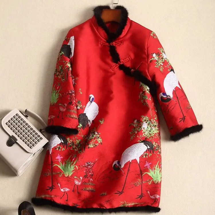 

Non-Quality Problem Not Winter Burrs Joint Embroidered Tops Mid-length Stand Collar Chinese-style WOMEN'S Dress
