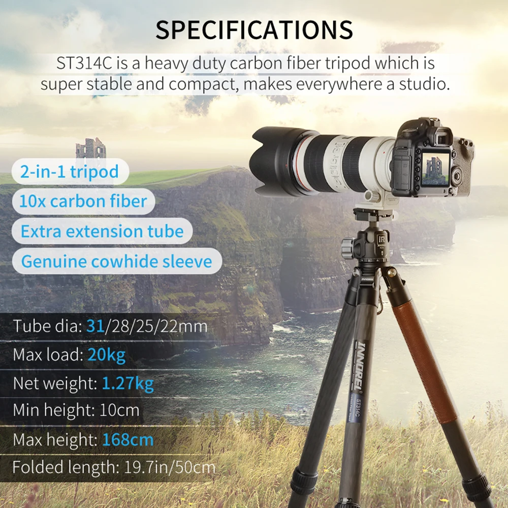 INNOREL ST314C 10 слоев штатив тренога из углеволокна монопод для DSLR Камера Тяжелая
