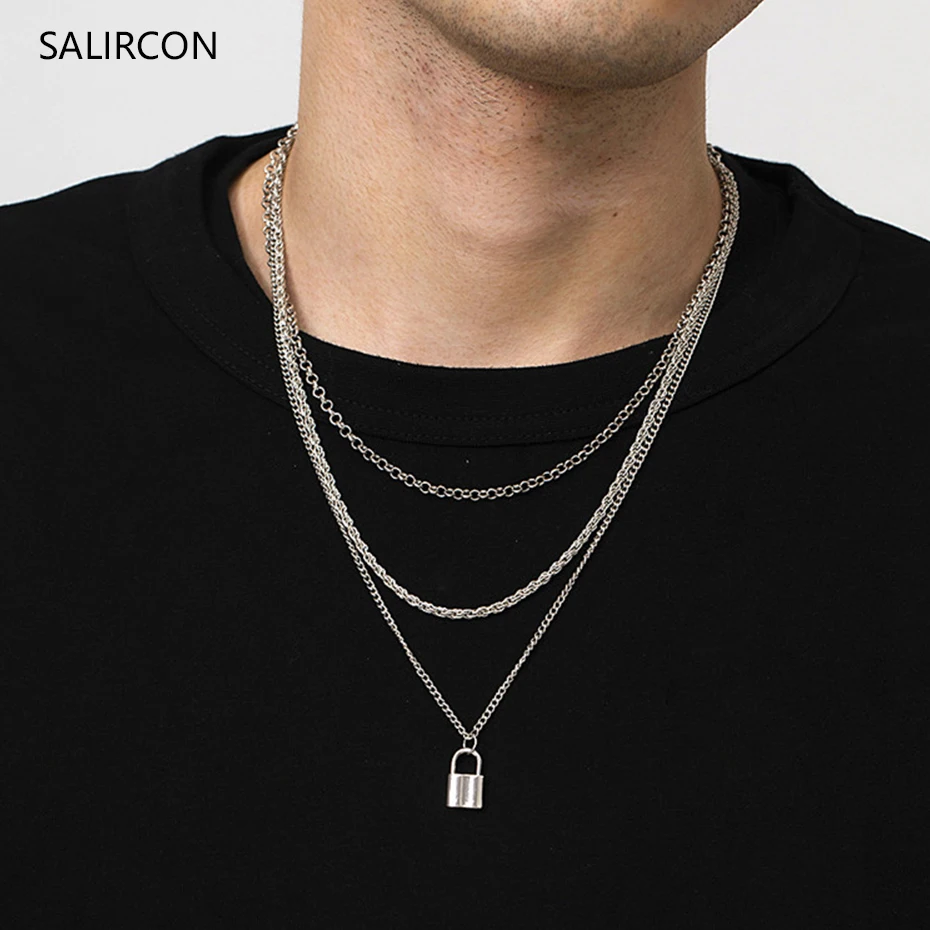 

Salircon Women Men Chunky Choker Necklace Punk Multilayer Chains Silver Color Lock Pendant Necklace Retro Unisex Jewelry 2020