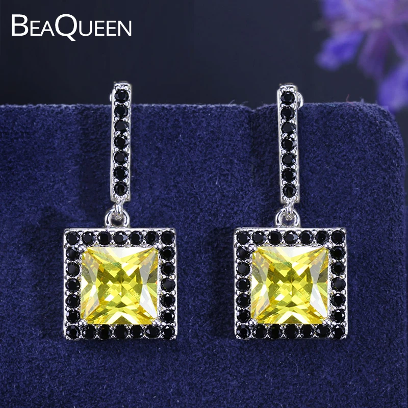 Женские серьги подвески BeaQueen большие квадратные с желтым кубическим цирконием и