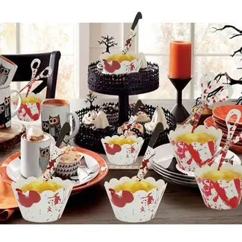 

Happy Halloween Cake Cup Topper Ghost Party Pumpkin Bat Spider Cupcake Décor Blood Scissors Knife Flags Horro Party